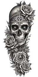 roses, Japanese death mask, compass, mythology tattoo tattoo design idea