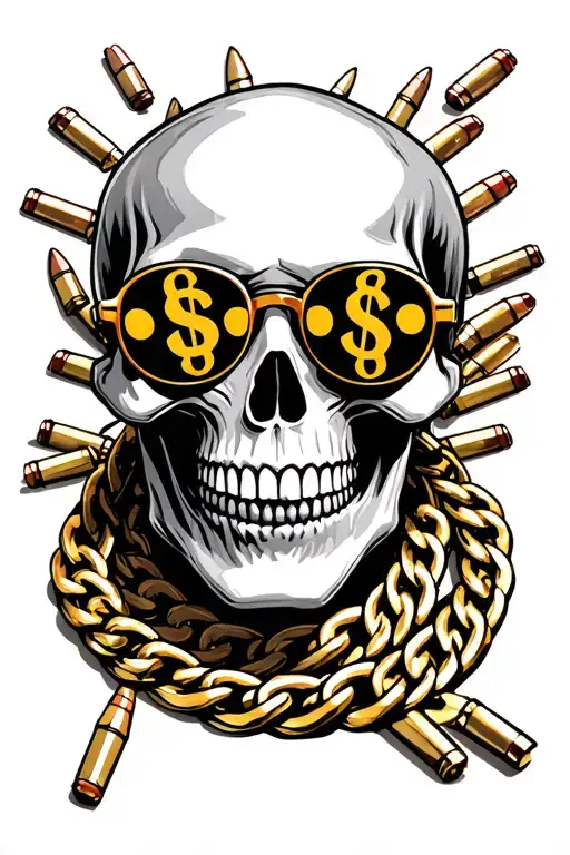 A gangster skull with sunglasses reflecting dollar signs, a thick gold chain around its neck, surrounded by bullets, dic tattoo design idea