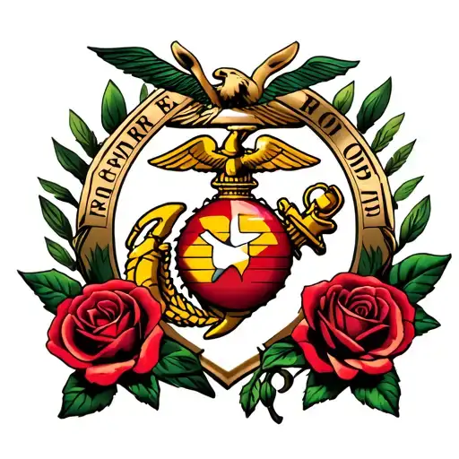 marine corps emblem surrounded by roses tattoo design idea