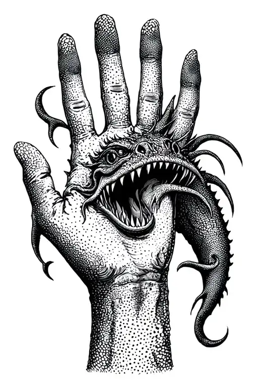 sea monster on hand talking with thumb and pointer finger tattoo design idea