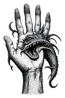 sea monster on hand talking with thumb and pointer finger tattoo design idea