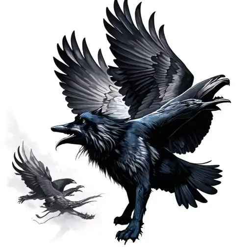 wolf howling and swooping raven flying tattoo design idea