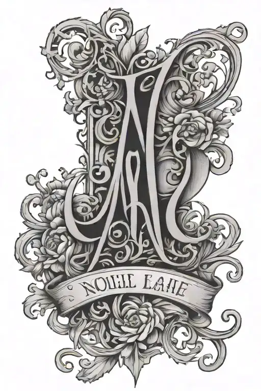 first name Noélie Leane gothic letter in the background tattoo design idea