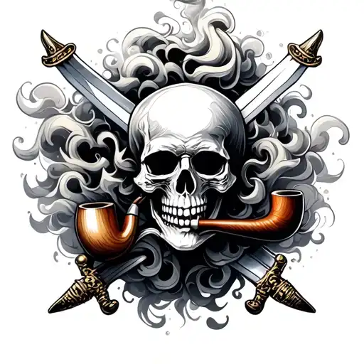 A skull with crossed swords and a smoking pipe, surrounded by swirling smoke tattoo design idea