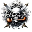 A skull with crossed swords and a smoking pipe, surrounded by swirling smoke tattoo design idea