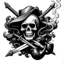 A skull with crossed swords and a smoking pipe, surrounded by swirling smoke tattoo design idea