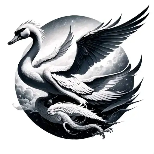 swan, dragon, pegasus, phoenix over andromeda galaxy tattoo design idea