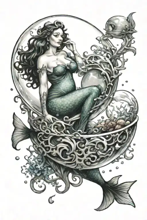 plus size mermaid suspending a ship in a bubble tattoo design idea