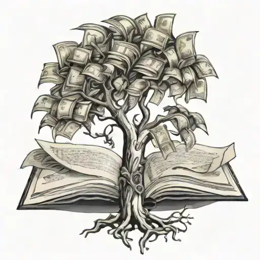 Book With Pages As Money Tree Growing R9uJb2J8Mt9VAEcZwQcVxR Black Grey  Tattoo - BlackInk AI