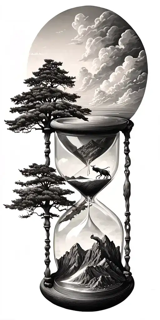 mountains, clouds, animals, hourglass , tree tattoo design idea