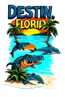 "Destin, Florida" gators on white sand beach, palm trees, dolphins, sunset tattoo design idea