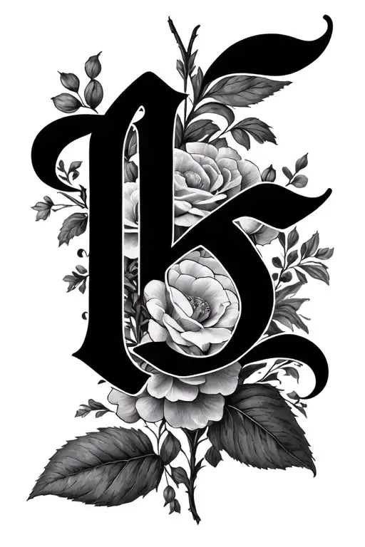 "Katerina" Katerina written vertically in old english lettering with floral background tattoo design idea