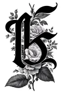 "Katerina" Katerina written vertically in old english lettering with floral background tattoo design idea