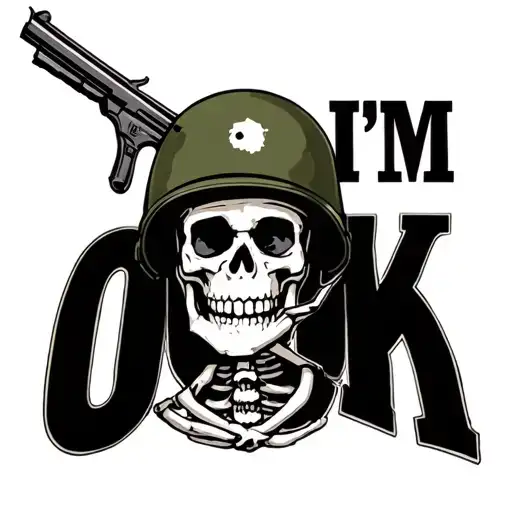 Use a skeleton with an army helmet. With a gunshot wound to the head. Using the words "I'm OK" tattoo design idea