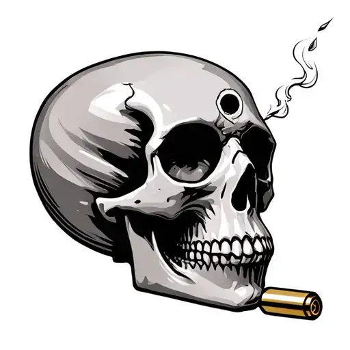 skull with bullet hole in forehead and a smoking .40cal fmj casing laying at the base of the skull tattoo design idea