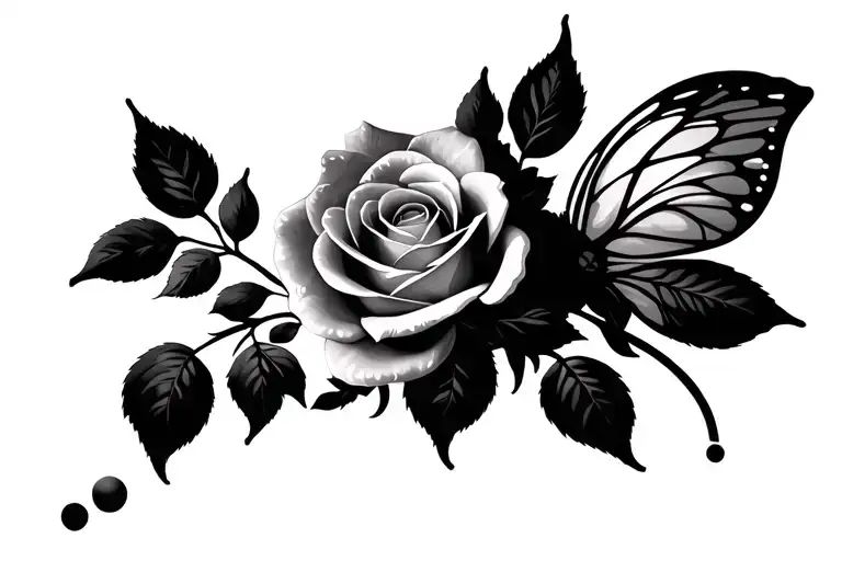 A beautiful full bloom rose + fairy elf + ornament tattoo design idea