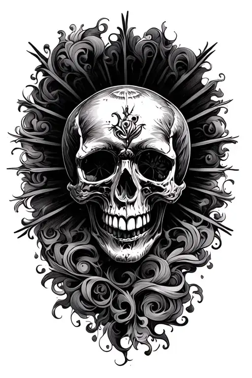 skulls and filigree with shaded sun rays beaming into a descending smoke swirl patern tattoo design idea