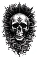 skulls and filigree with shaded sun rays beaming into a descending smoke swirl patern tattoo design idea