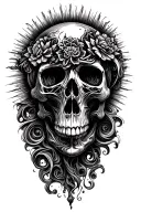 skulls and filigree with shaded sun rays beaming into a descending smoke swirl patern tattoo design idea