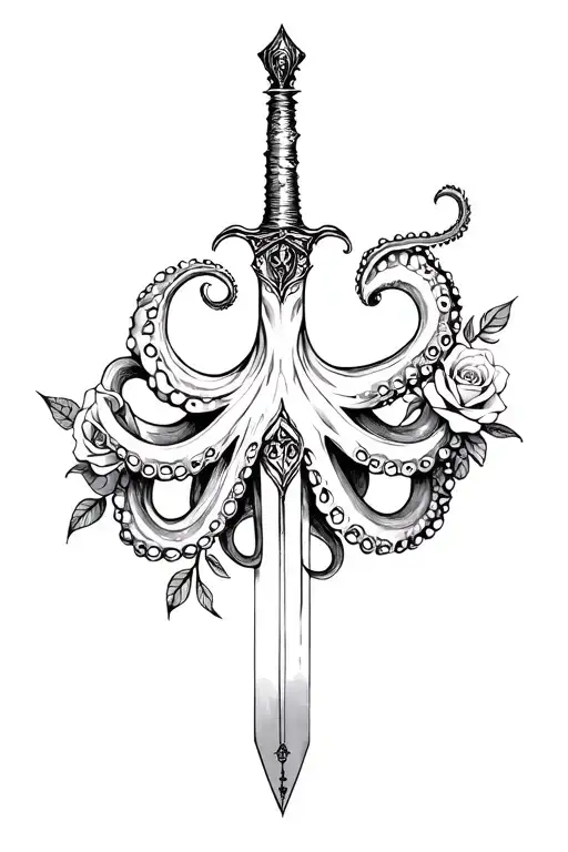 octopus tentacle and dagger and roses tattoo design idea