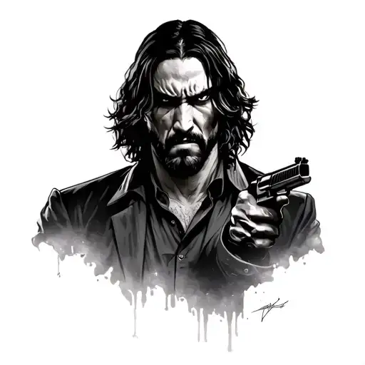 john wick style soul with gun in hand half is proud and angry other face half is worn and exhausted tattoo design idea