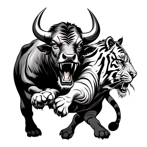 A fierce battle between a powerful bull and a majestic tiger, captured in an intense moment of combat. The bull, with mu tattoo design idea