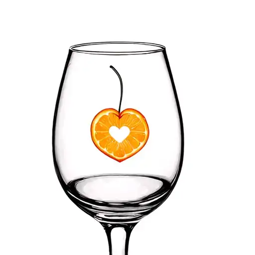 clear wine glass with small orange segment and midi heart shaped cherry inside the glass to give tequila sunrise effect. tattoo design idea