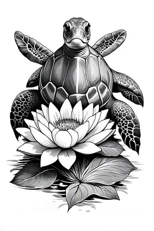 Hawaiian sea turtle with lotus flowers  tattoo design idea