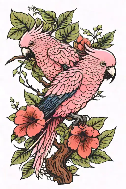 pink cockatoo on a branch with leaves tattoo design idea