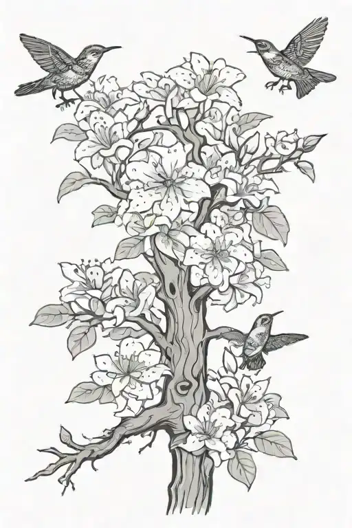 oak tree with azalea, honeybee, and brown thrasher tattoo design idea