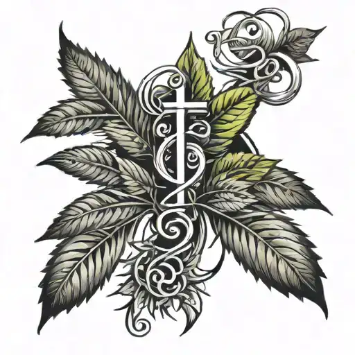 A tattoo design featuring a marijuana plant intertwined with music notes and a cross symbolizing the client's love for smoking weed, listening to music, and Christianity tattoo design idea
