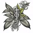 A tattoo design featuring a marijuana plant intertwined with music notes and a cross symbolizing the client's love for smoking weed, listening to music, and Christianity tattoo design idea