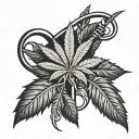 A tattoo design featuring a marijuana plant intertwined with music notes and a cross symbolizing the client's love for smoking weed, listening to music, and Christianity tattoo design idea