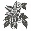 A tattoo design featuring a marijuana plant intertwined with music notes and a cross symbolizing the client's love for smoking weed, listening to music, and Christianity tattoo design idea