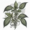 A tattoo design featuring a marijuana plant intertwined with music notes and a cross symbolizing the client's love for smoking weed, listening to music, and Christianity tattoo design idea