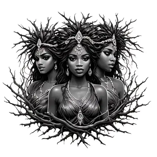 3 goddesses Oshun yemoja aje encased in vines and thorns tattoo design idea