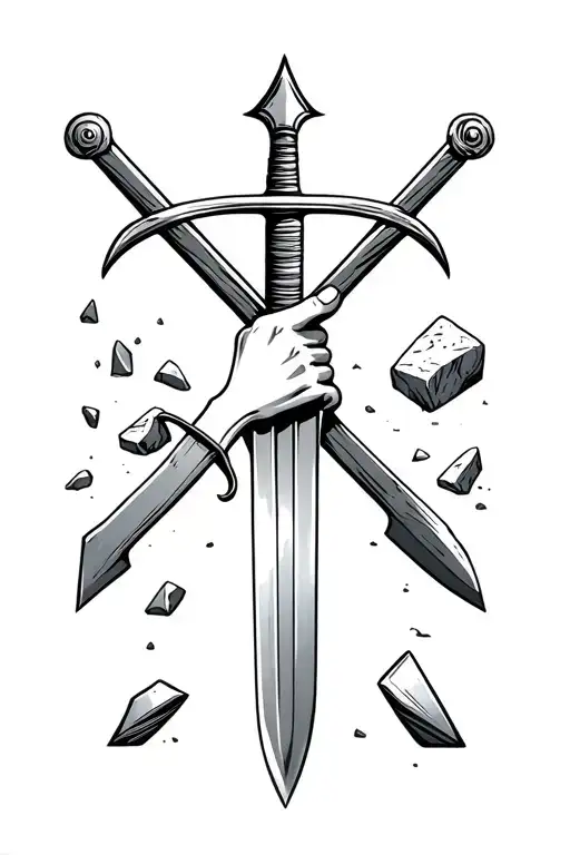Sword & TrowelVisual: A hand gripping both a sword and a trowel crossed in an X-shape, with rubble and stone behind it.  tattoo design idea