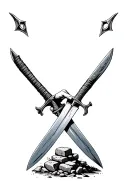 Sword & TrowelVisual: A hand gripping both a sword and a trowel crossed in an X-shape, with rubble and stone behind it.  tattoo design idea