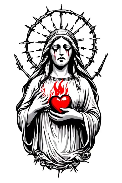 mexican crying virgin mary with barbed wire and a flaming heart tattoo design idea