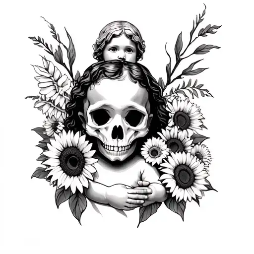 baby with animal skull surrounded by sunflowers and jesus tattoo design idea