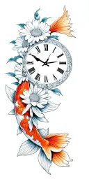 heaven beach koi fish rose daisy gardenia clock tattoo design idea