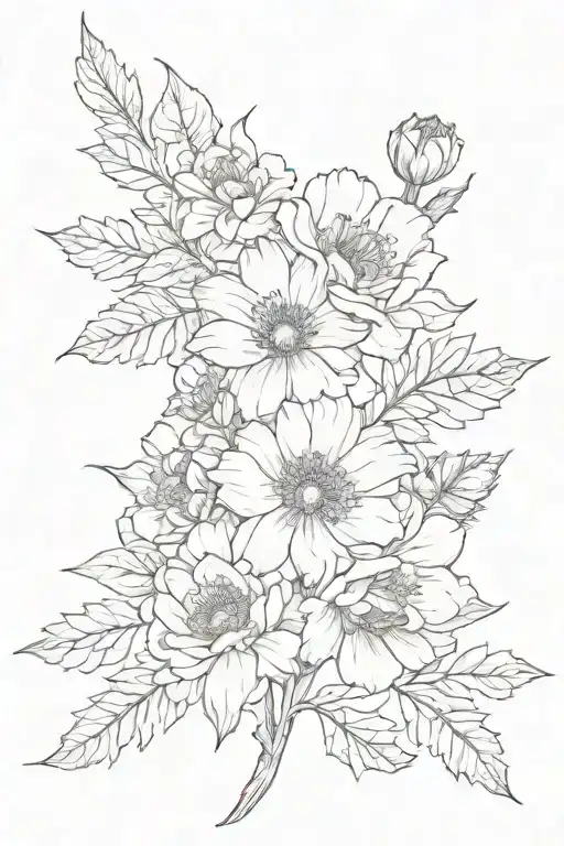 draw a straight spine tattoo that is the flowers Asters, marigolds, holly,  poppies, Peonies, roses , and irises tattoo design idea