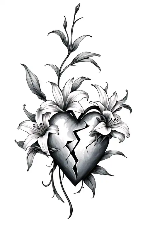daggered broken heart with lillies tattoo design idea