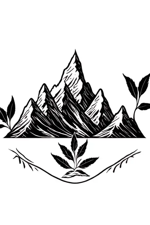 andes mountain range outline with 3 coca leaves; incorporate pachamama spiral tattoo design idea