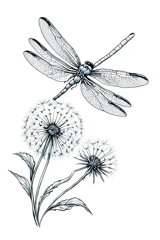 dragonfly and dandelion flower intertwined tattoo design idea