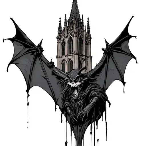 gothic bat with gothic cathedral building  tattoo design idea
