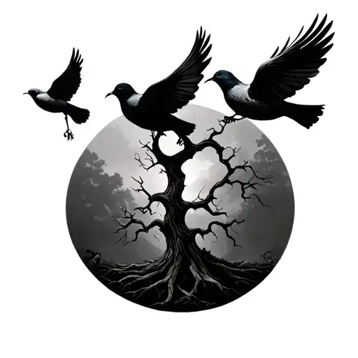 poison tree with 3 doves flying tattoo design idea