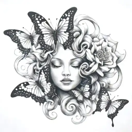 medusa flower butterflies tattoo design idea