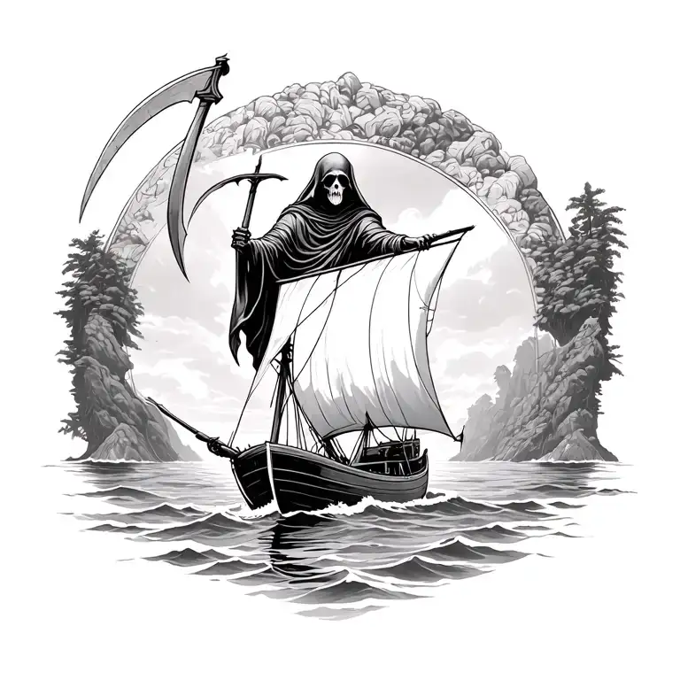 grim reaper holding a scythe on a boat sailing towards island  tattoo design idea