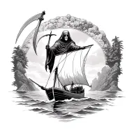 grim reaper holding a scythe on a boat sailing towards island  tattoo design idea